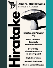 Load image into Gallery viewer, Front label, Amara Mushrooms Hiratake mushroom powder. Rich in umami flavour. Add 1-2tsp to any cooking sauce for a protein filled umami kick!