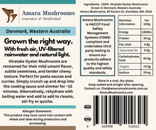 Load image into Gallery viewer, Back label of Amara Mushrooms whole dried hiratake mushrooms with usage instructions and nutrition information.