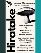 Load image into Gallery viewer, Front label of Amara Mushrooms whole dried Hiratake. 500g fresh equivalent