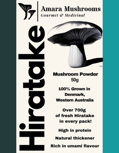 Front label, Amara Mushrooms Hiratake mushroom powder. Rich in umami flavour. Add 1-2tsp to any cooking sauce for a protein filled umami kick!