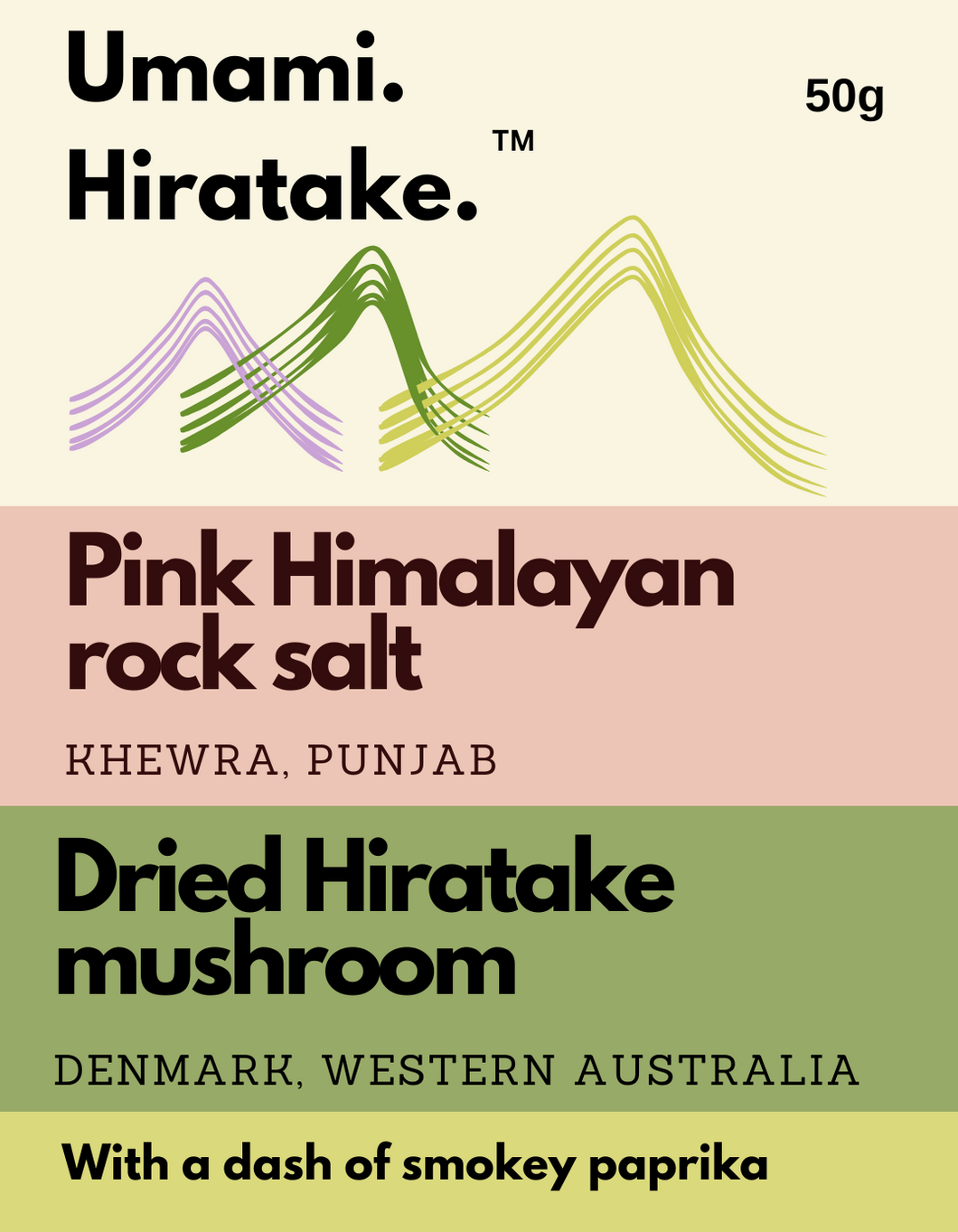 Front label of Umami Hiratake™ Smokey Paprika Mushroom Salt Seasoning with Himalayan pink salt, organic spices, smoked paprika, and Hiratake mushrooms
